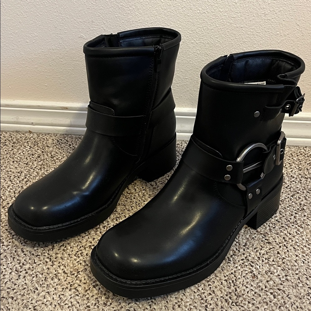 Black Faux Leather Ankle Moto Boots with Buckle